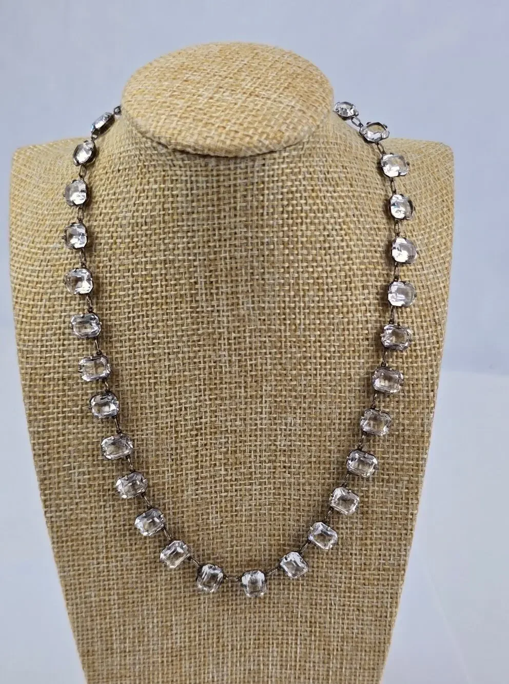 Art Deco Era Sterling Silver emerald-cut glass choker necklace open bezel 15.5